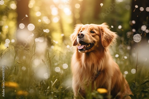 dandelions in the forest with a golden retriever dog Generative AI