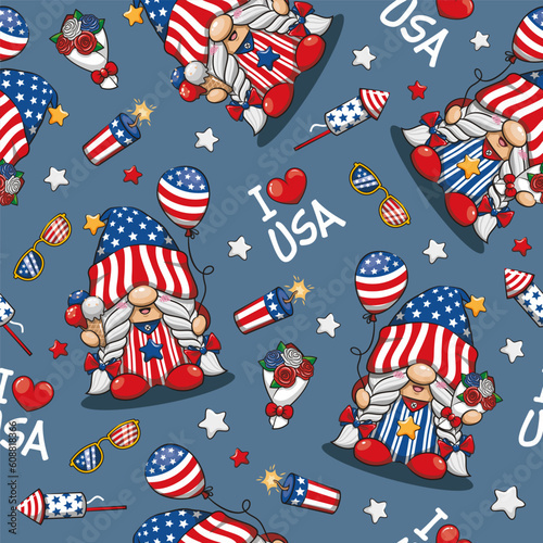 Seamless Pattern 4th of July America Independence With Gnome, I Love USA, Cute Cartoon Illustration