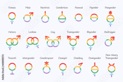 Set of gender symbols. LGBTQ community. Gay, lesbian, transgender, non-binary. Vector illustration in flat style