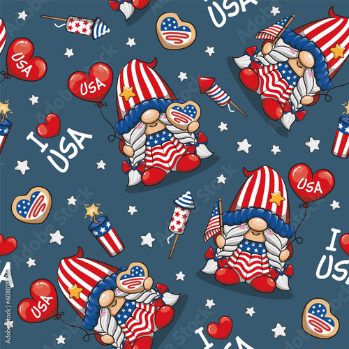 Seamless Pattern Happy 4th of July America Independence With Cute Gnome, I Love USA, Cartoon Illustration photo