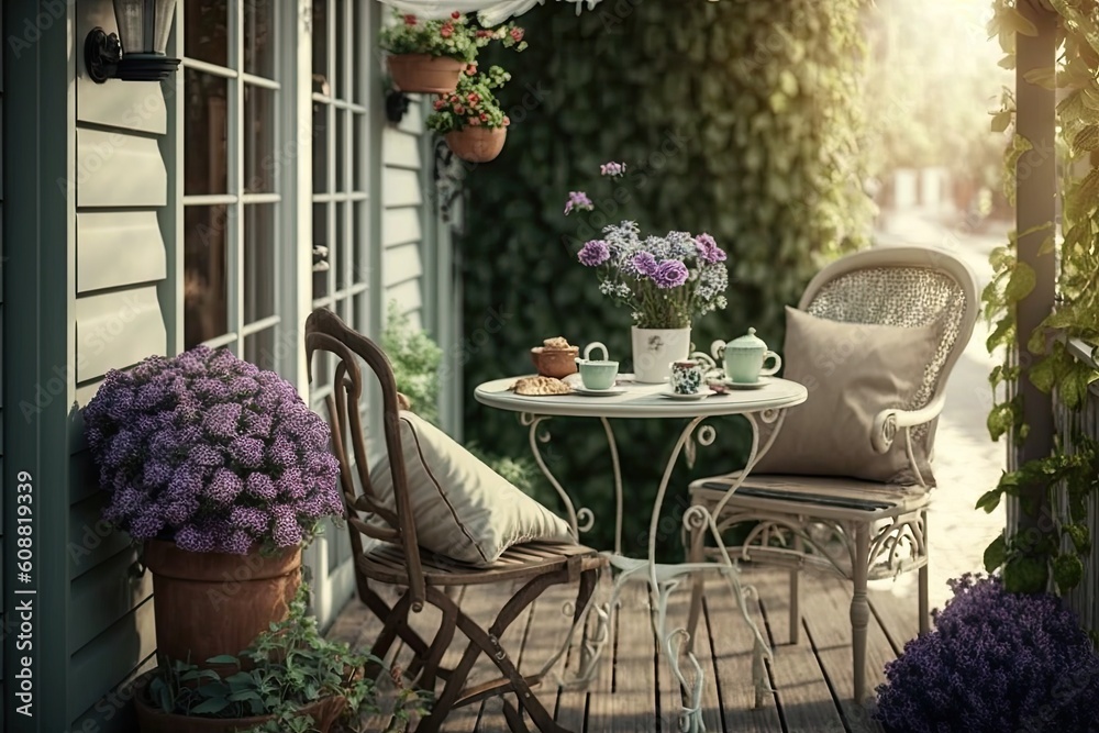 Fototapeta premium Lovely patio or balcony with a tiny table, a chair, and flowers. Generative AI