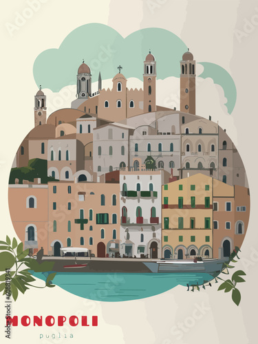 Obraz na plátně Monopoli: Beautiful vintage-styled poster of with a city and the name Monopoli i