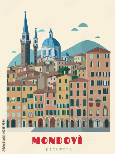 Mondovì: Beautiful vintage-styled poster of with a city and the name Mondovì in Piedmont