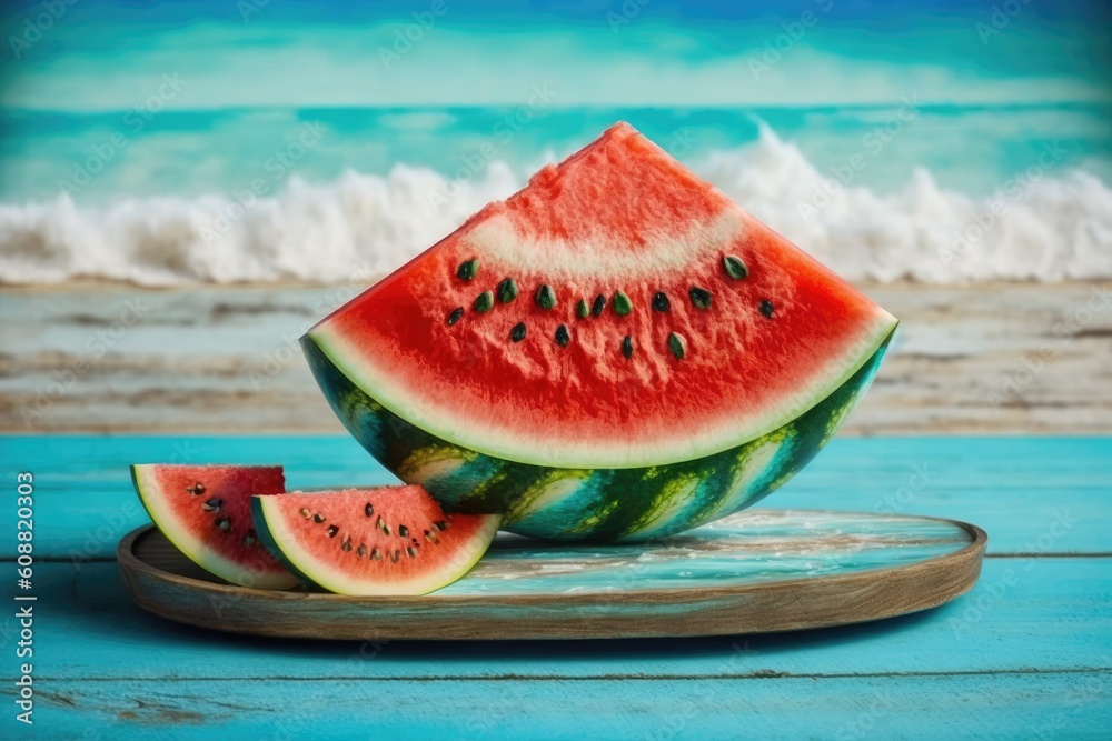 Summertime with fresh, delicious watermelon on a blue wooden board. Leave room for your decorations and the shade cast by the palm trees. Generative AI Summertime with fresh, delicious watermelon on a blue wooden board. Leave room for your decorations and the shade cast by the palm trees. Generative AI