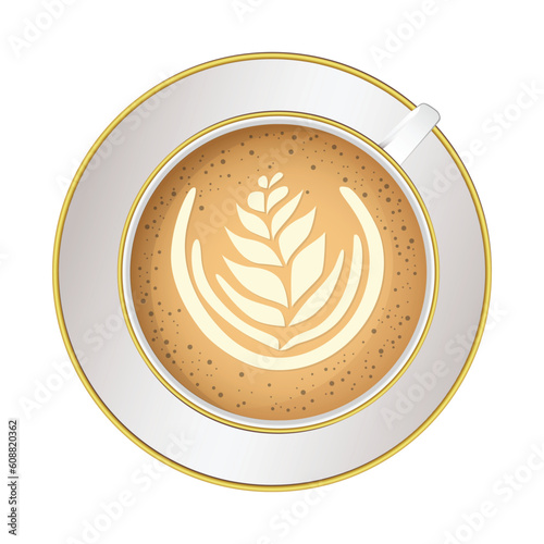 Vector Realistic Milk Foam Coffee in white Ceramic, Coffee Mug on white background. Capuccino, Latte. Concept Creative Banner with Coffee Cup. Design Template. Top View