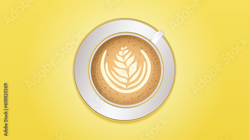 Vector Realistic Milk Foam Coffee in white Ceramic, Coffee Mug on yellow background. Capuccino, Latte. Concept Creative Banner with Coffee Cup. Design Template. Top View