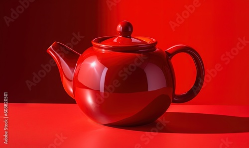  a red teapot sitting on top of a red table. generative ai