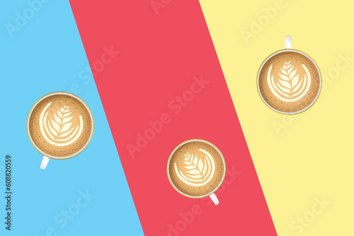 Vector Realistic Milk Foam Coffee with heart lines  in white Ceramic, Coffee Mug on colorful background. Capuccino, Latte. Concept Creative Banner with Coffee Cup. Design Template. Top View