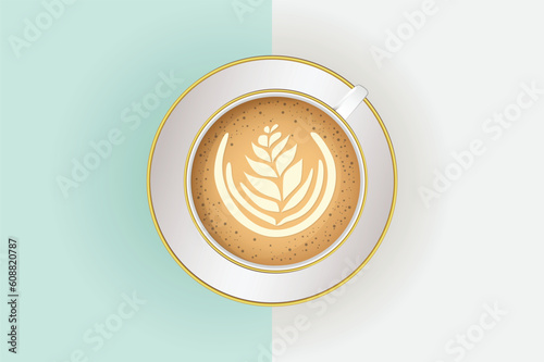 Vector Realistic Milk Foam Coffee with heart lines in white Ceramic, Coffee Mug on colorful background. Capuccino, Latte. Concept Creative Banner with Coffee Cup. Design Template. Top View