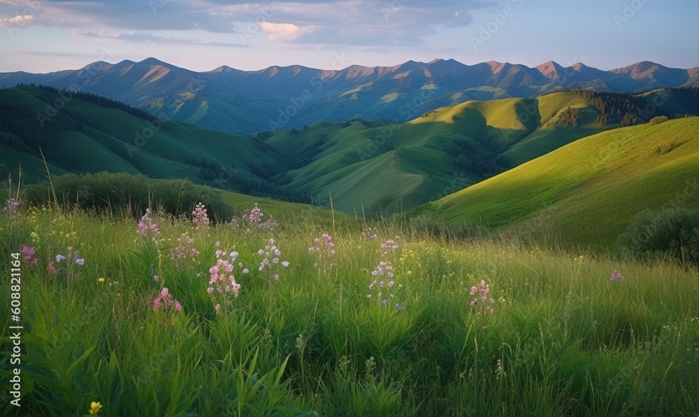 Fototapeta premium a grassy field with flowers and mountains in the background at sunset. generative ai