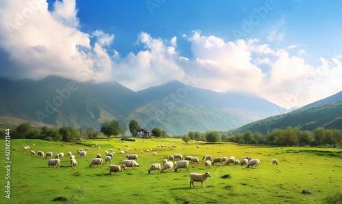  a herd of sheep grazing on a lush green field with mountains in the background. generative ai