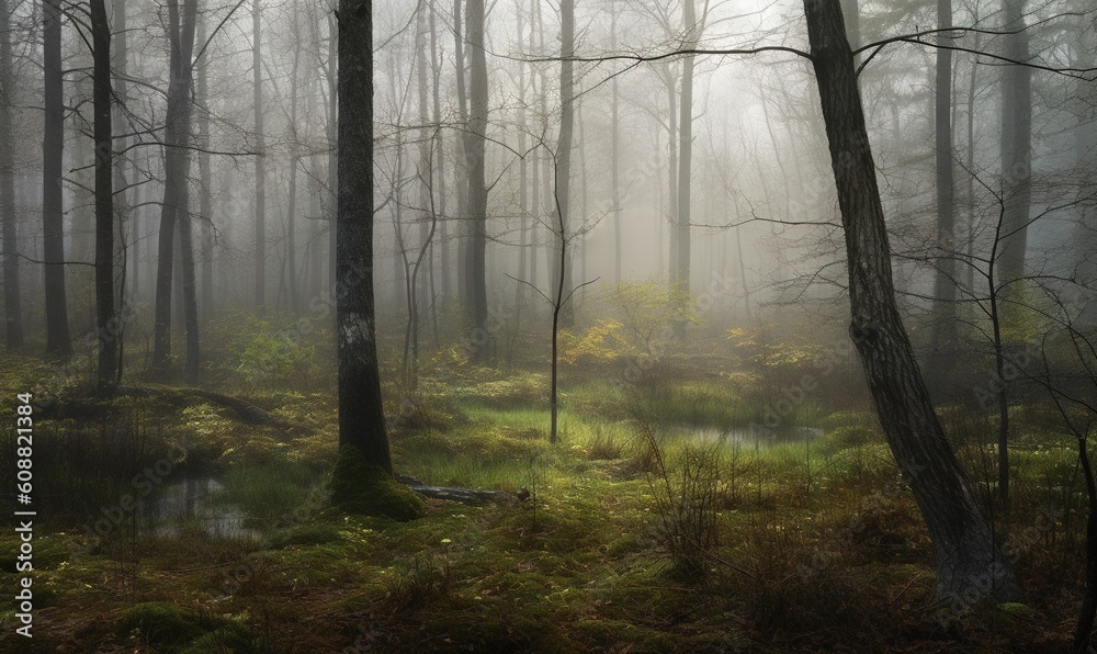  a foggy forest filled with lots of trees and grass.  generative ai