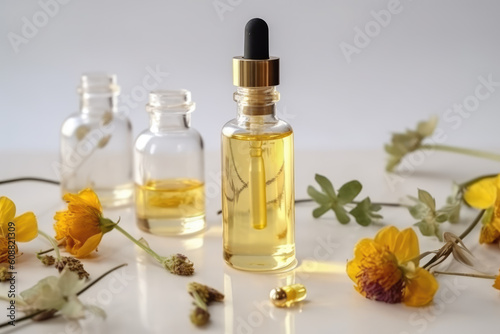 bottle of oil with flowers