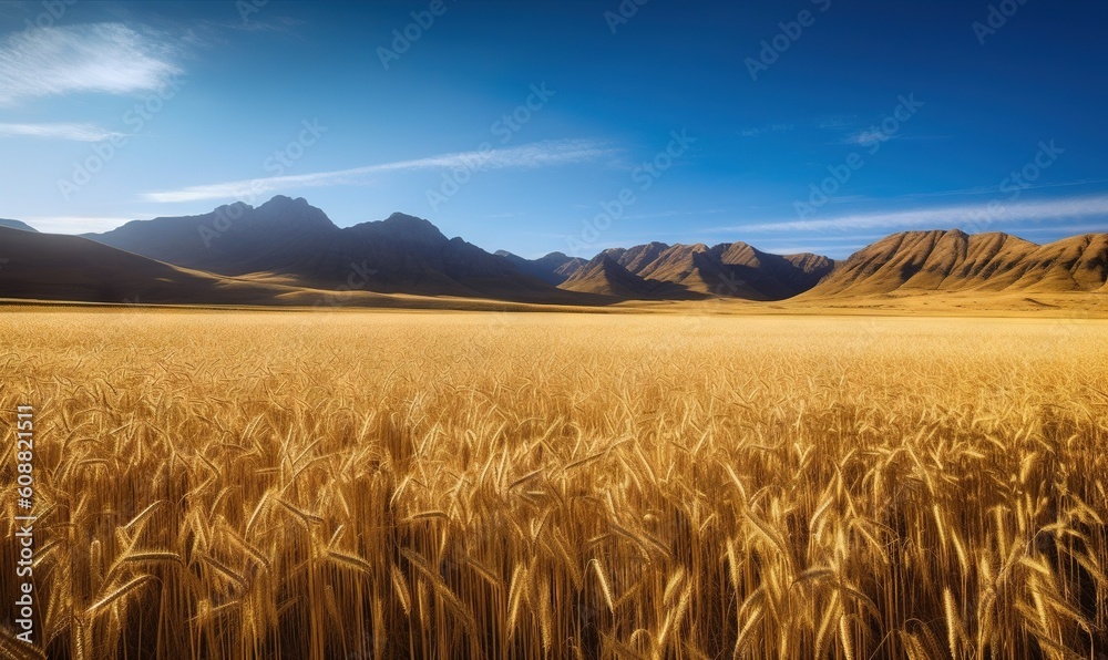 a field of wheat with mountains in the background and a blue sky.  generative ai