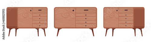 Sideboard buffet with drawers credenza, low storage cabinet set. Dining, living room, condo or kitchen functional furniture. Vector flat style cartoon home, office piece isolated on white background