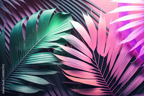 Tropical and palm fronds with vibrant holographic neon gradient tones. Conceptual art. Surrealistic background. Generative AI