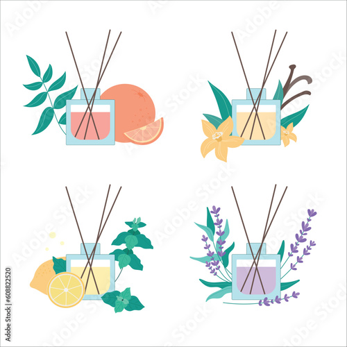 Home incense, aroma diffuser. Aromatherapy. Set of different fragrance: orange, vanilla, lavender, lemon and mint. Vector illustration of bottles isolated on a white background for web design