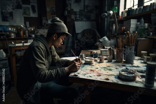 An animated artist sits in a studio  surrounded by paints  canvas  and various other tools of the trade.