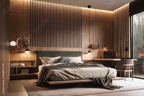 A contemporary master bedroom with a wooden headboard panel and display racks. utilizing decorations with dim illumination. Generative AI photo