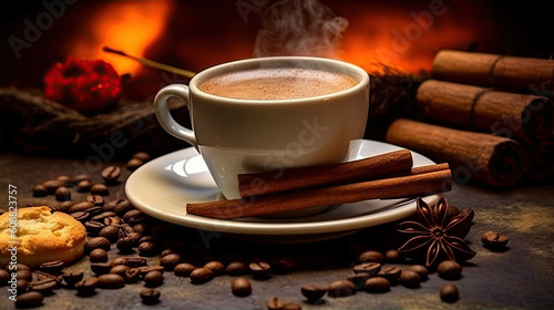 Steaming Coffee Cup with Fragrant Cinnamon and Coffee Beans. Created with Generative AI
