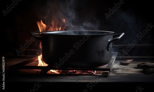  a large pot sitting on top of a stove next to a fire.  generative ai