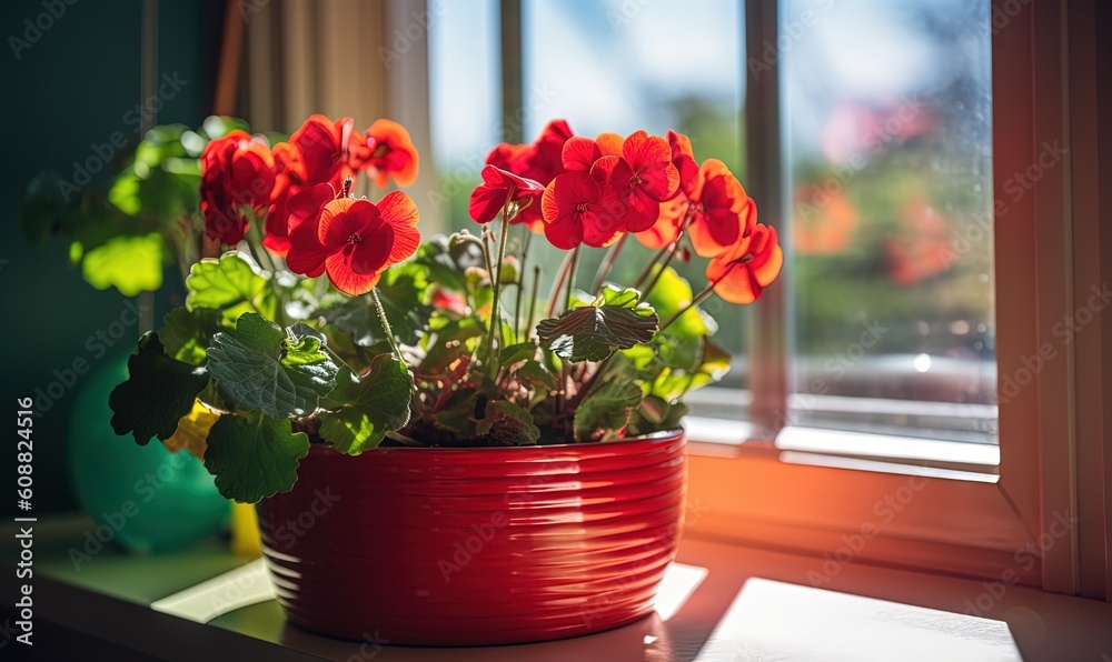 Fototapeta premium a red potted plant sitting on top of a window sill. generative ai