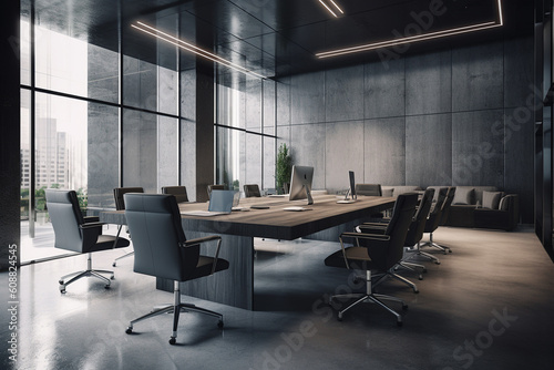 A hyper-realistic business meeting is taking place in an ultra-modern conference room. The room is sparsely decorated with only a few pieces of contemporary furniture. © Mosaic Media