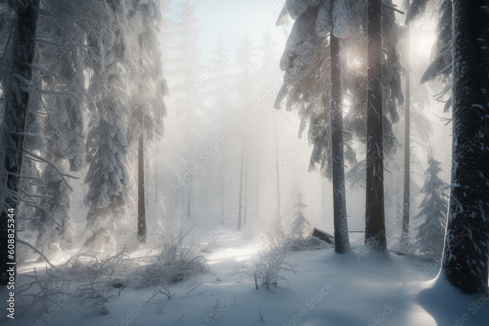 Naklejka premium A hyper-realistic winter scene: a snow-covered forest with a blanket of thick fog hovering over the trees.