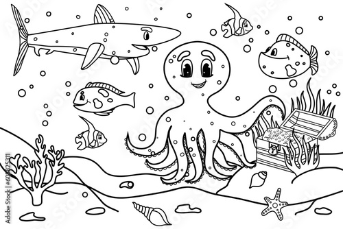 Obraz na plátně Children's coloring book with octopus, treasure, shark, ruby, shells, sea, water, algae, corals, sea world