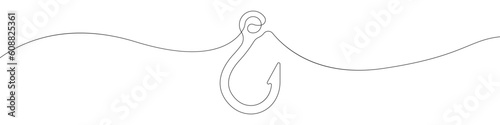 Fishing hook line continuous drawing vector. One line Hook vector background. Hook fisherman's equipment icon. Continuous outline of a Fishing hook.