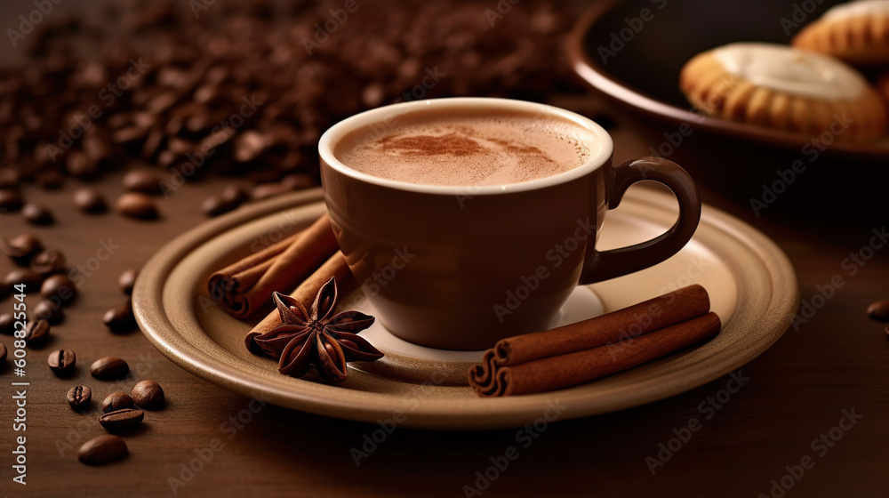Steaming Coffee Cup with Fragrant Cinnamon and Coffee Beans. Created with Generative AI Steaming Coffee Cup with Fragrant Cinnamon and Coffee Beans. Created with Generative AI