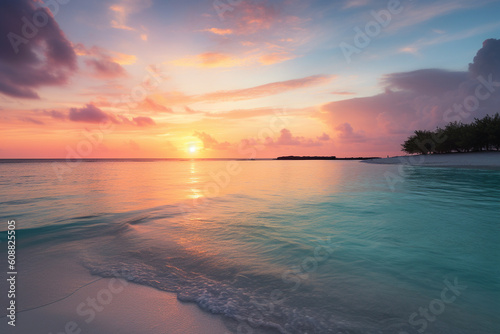 A photorealistic background image of a beach in the Maldives at sunset.