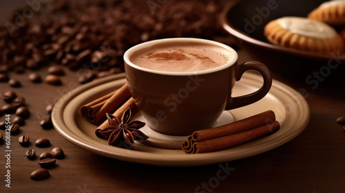 Steaming Coffee Cup with Fragrant Cinnamon and Coffee Beans. Created with Generative AI