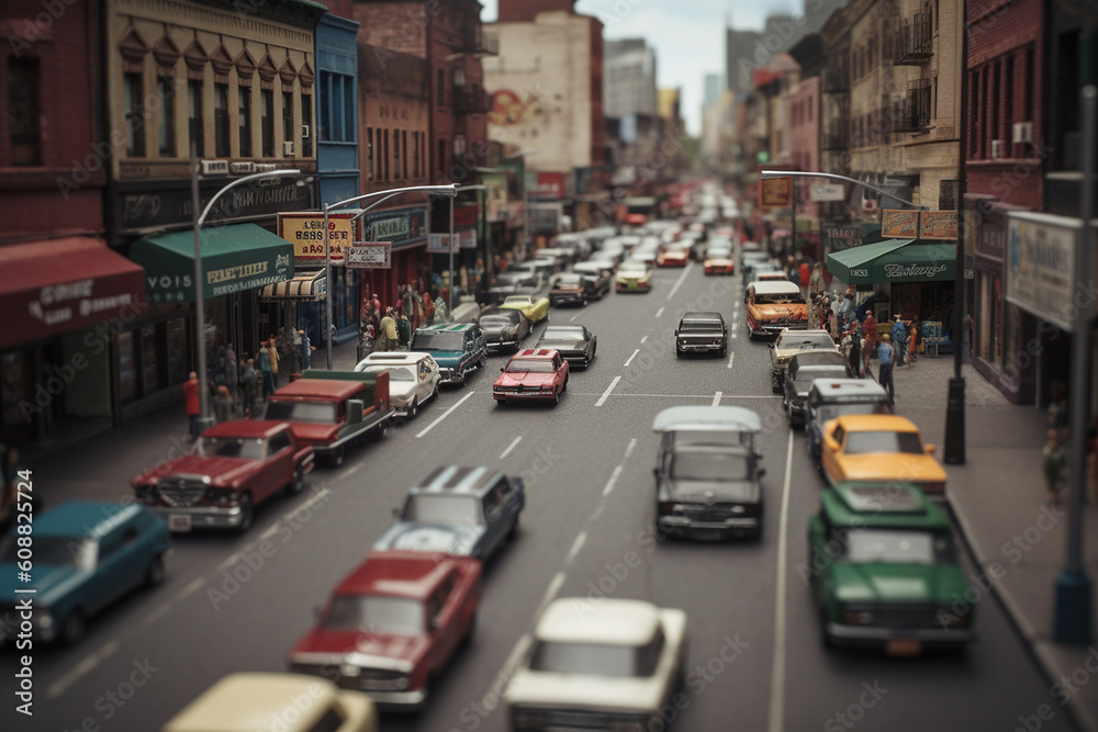 A photorealistic image of a bustling city street filled with a variety of different transportation methods.