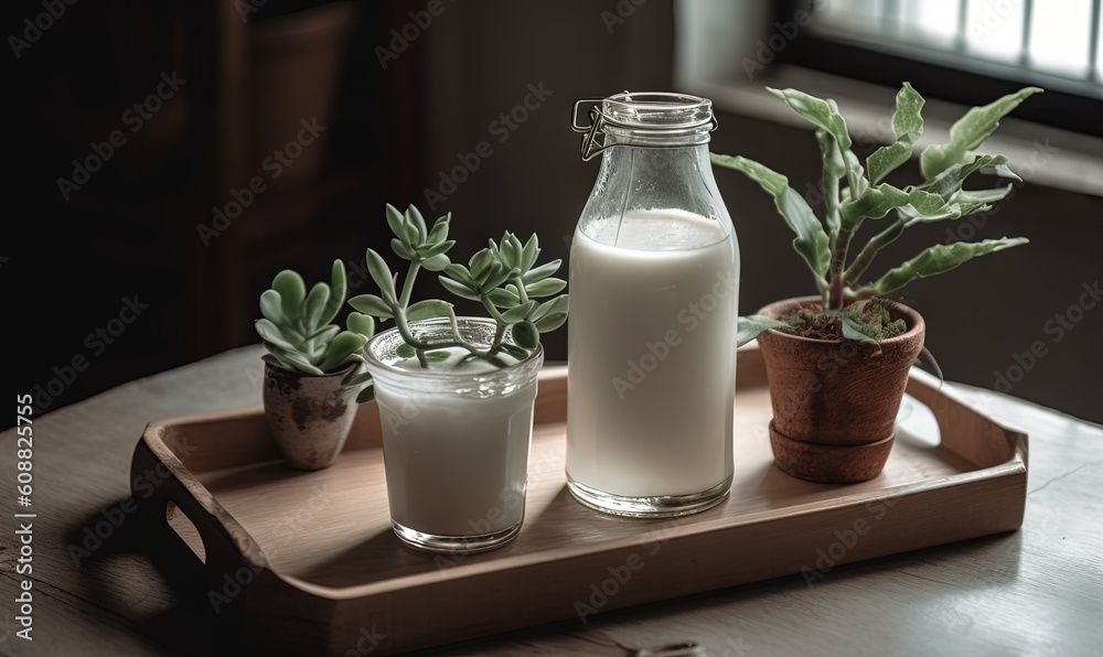 a bottle of milk and a glass of milk on a tray. generative ai a bottle of milk and a glass of milk on a tray. generative ai