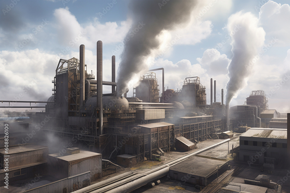 A photorealistic industrial scene of a large factory complex, with massive, grey smokestacks billowing out thick, white smoke into the sky.