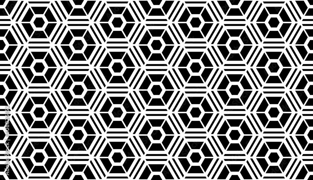 Seamless Geometric Hexagons and Triangles Pattern. Black and White Texture. Seamless Geometric Hexagons and Triangles Pattern. Black and White Texture.
