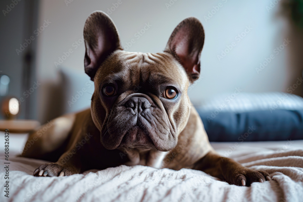 portrait of cute French bulldog lying on the bed at home. Dog in city apartments. Generative AI