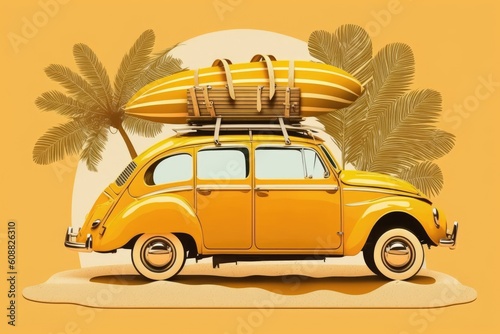Retro car with a surfboard, luggage, and palm plants. Summer vacation that is out of the ordinary. Summer vacation concept. Generative AI © 2rogan
