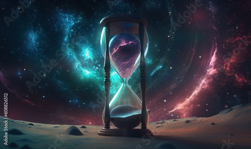  an hourglass in the middle of a space filled with stars. generative ai