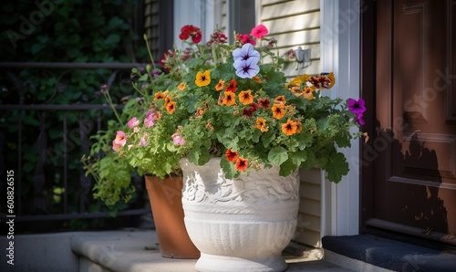  a potted planter filled with colorful flowers on a porch.  generative ai