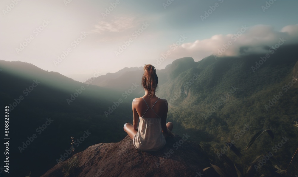  a woman sitting on top of a mountain looking at the mountains.  generative ai