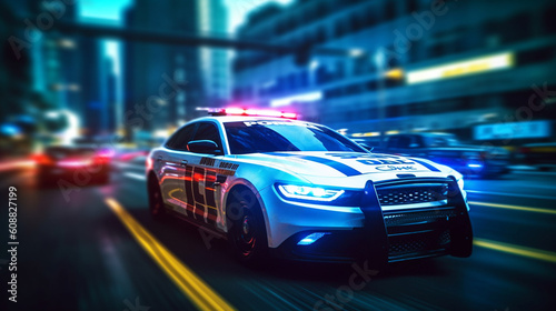 speeding American Police Car with Blue and red lights.motion blur,  Created using generative AI tools.