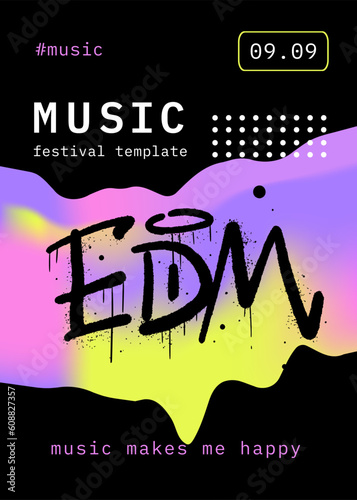 Editable poster for electronic music concert. Concept of festival flyer, acid rave party. Graffiti text of EDM. Template with abstract geometric gradient shapes and typography composition - Vector.