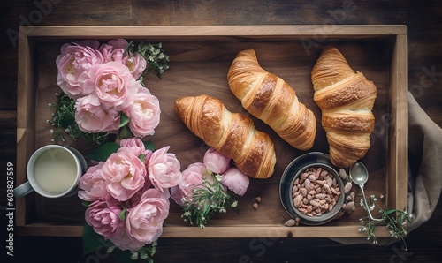  a wooden tray topped with croissants and flowers. generative ai