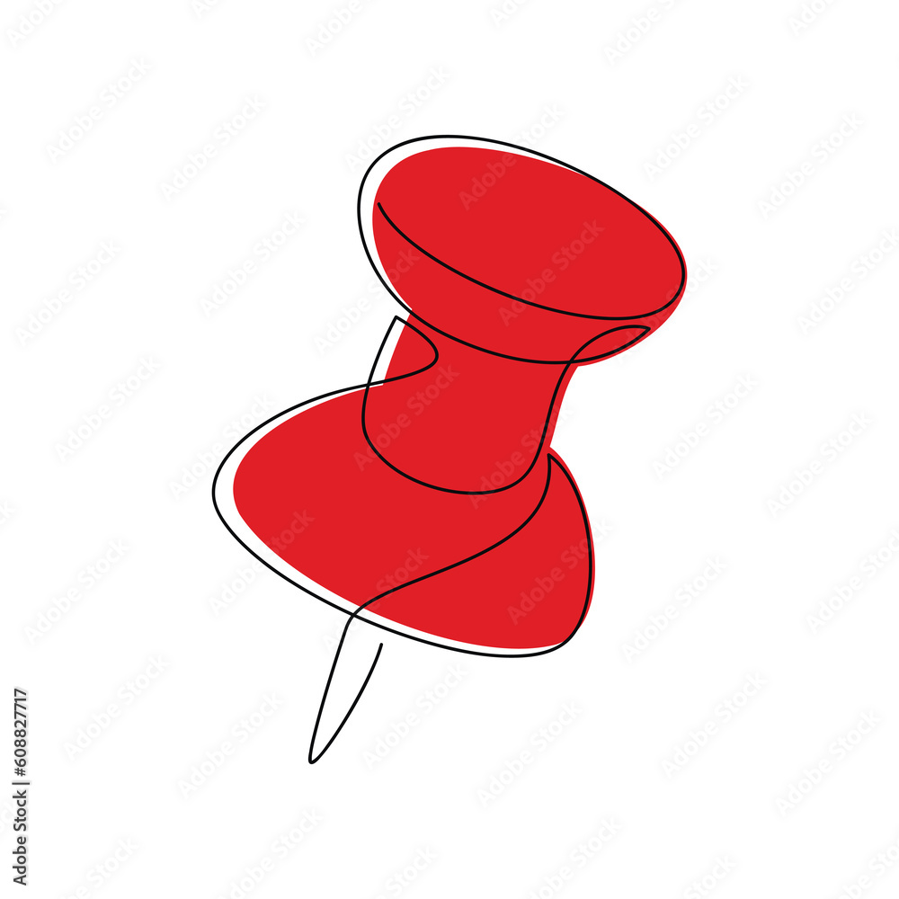 Red pin icon vector. Stationery item one line continuous drawing. Minimal illustration. Hand drawn linear silhouette. Outline design, print, banner, card, brochure, poster, logo. Red pin icon vector. Stationery item one line continuous drawing. Minimal illustration. Hand drawn linear silhouette. Outline design, print, banner, card, brochure, poster, logo.