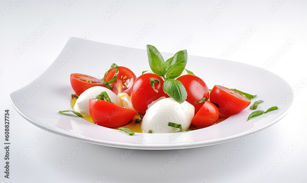  a white plate topped with sliced tomatoes and mozzarella.  generative ai