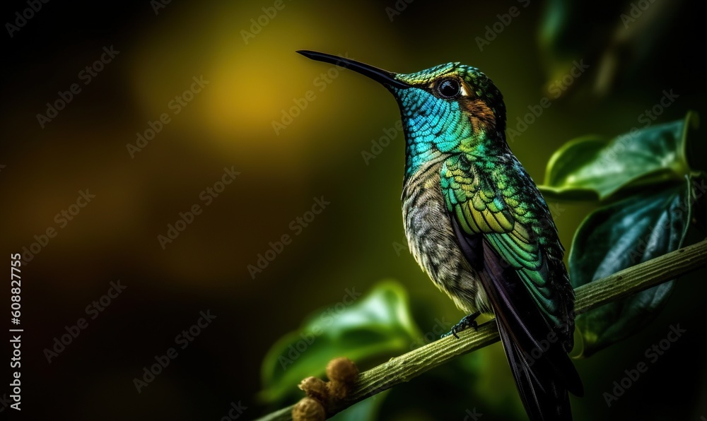  a colorful bird sitting on top of a tree branch next to leaves.  generative ai