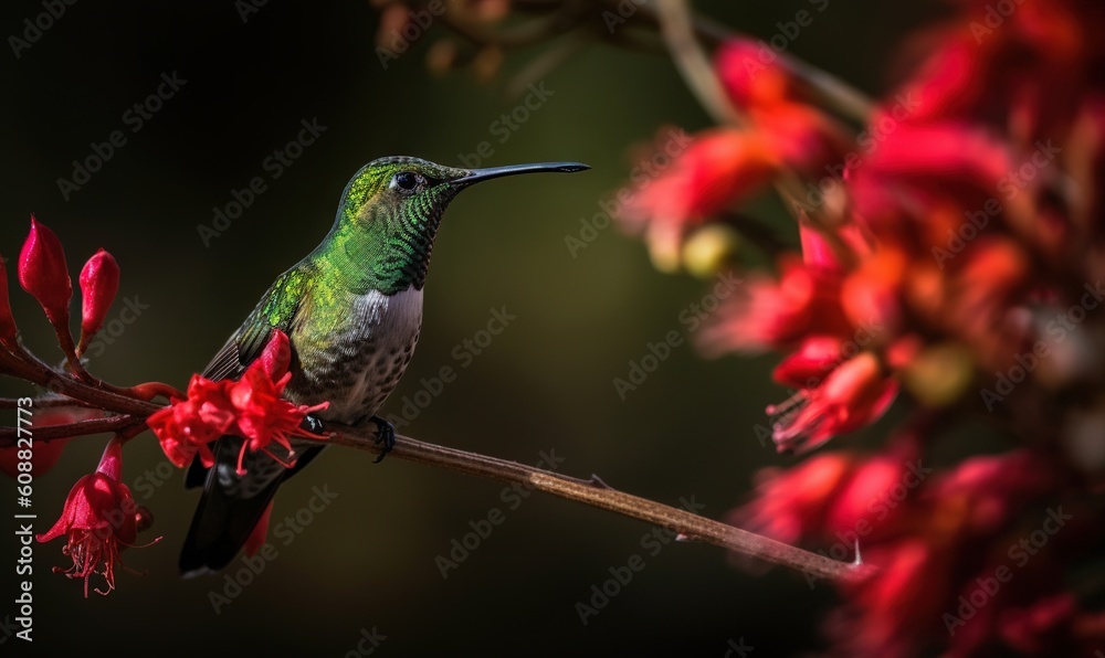 Fototapeta premium a hummingbird perches on a branch with red flowers. generative ai