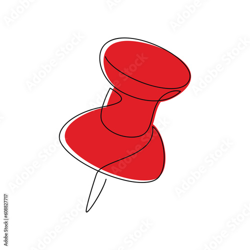 Red pin icon vector. Stationery item one line continuous drawing. Minimal illustration. Hand drawn linear silhouette. Outline design, print, banner, card, brochure, poster, logo.